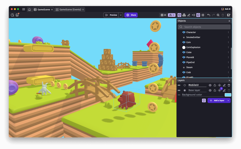 3D workflow in GDevelop screenshot